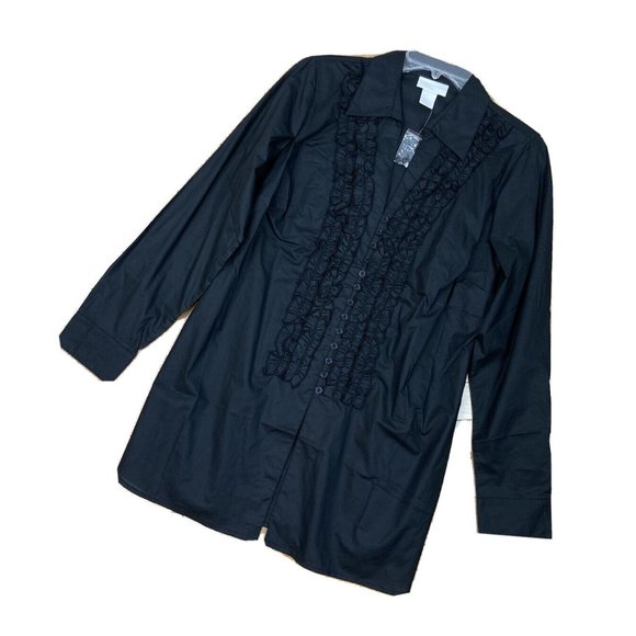 *NWOT Soft Surrounding Ruffle Front V-Neck Long Sleeve Blouse Womens M Black - Picture 3 of 7